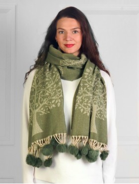 Cashmere Feeling Tree of Life Scarf with Pom-Poms